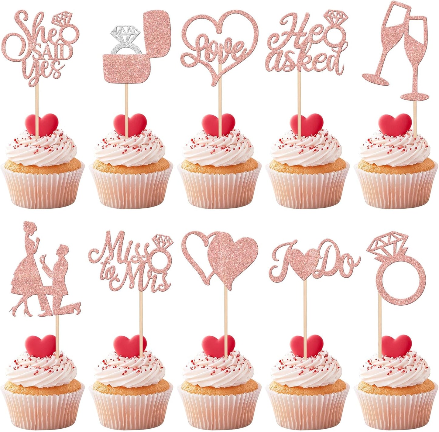 30 PCS He Asked She Said Yes Cupcake Toppers Glitter Wedding Engagement Cupcake Picks Miss to Mrs I Do Love Heart Ring Miss to Mrs Cake Decorations for Wedding Engagement Party Supplies Rose Gold