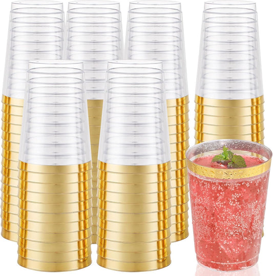 I00000 50 Pack 12 oz Gold Plastic Cups, Gold Rimmed Disposable Cups, Disposable Plastic Wine Glasses Cocktail Glasses Heavy Duty Cup with Golden Rim, 12 Ounce Tumblers for Party & Wedding