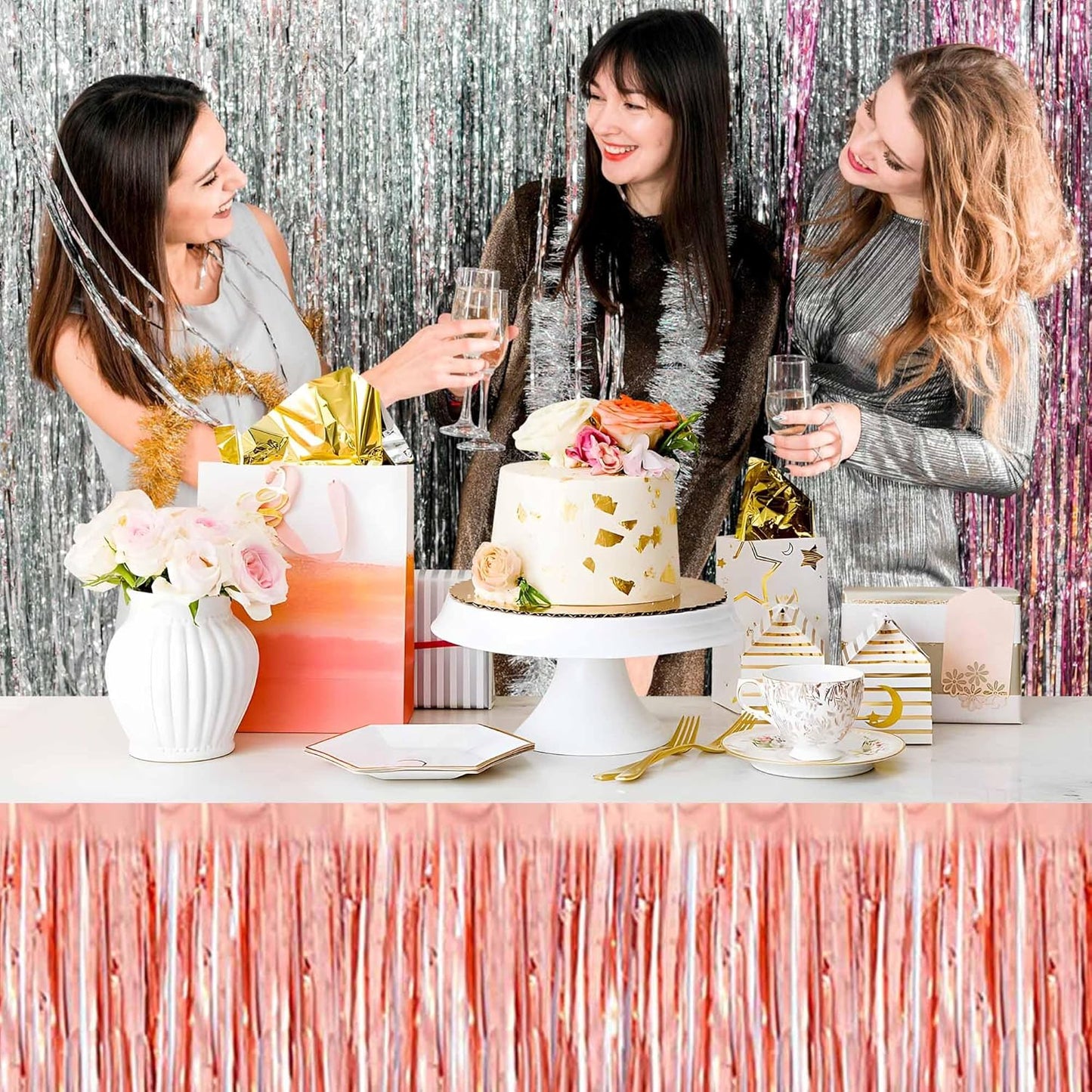 3 Pack 29 x108 Inch Rose Gold Foil Fringe Table Skirts Metallic Banner for Tinsel Streamer Garland Backdrop for Parade Floats Mother's Day, Graduate, Birthday, Wedding Party Decoration