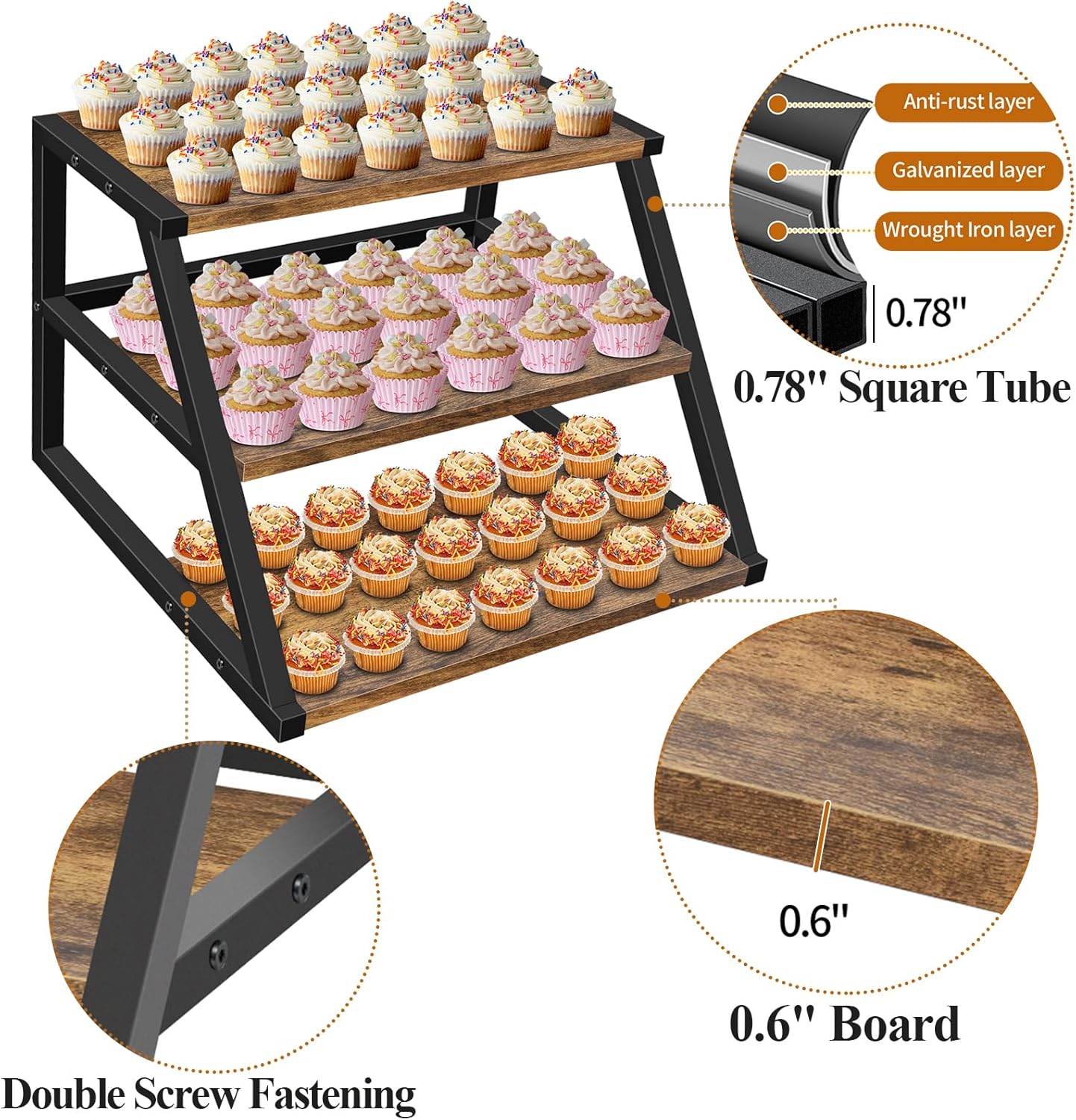 Cupcake Stand, 3 Tier Large Cupcake Stand for 50 Cupcakes Rustic Cupcake Display Stand Square Wood Dessert Table Display Set Cupcake Tower Tiered Tray Stand for Wedding Birthday Graduation Baby Shower
