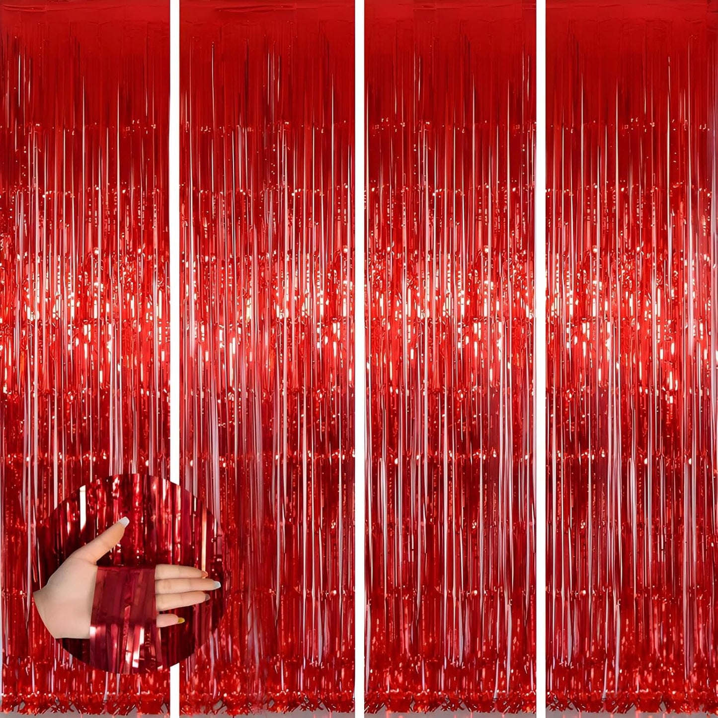 Keyali 4 Pack 3.3 * 8.3 ft Foil Curtain Metallic Tinsel Fringe Curtains Photo Booth Props Backdrop for Birthday Wedding Engagement Baby Shower Christmas Holiday Celebration Partyl,Red