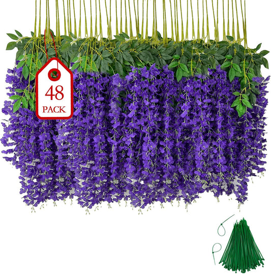 48 Pcs of Wisteria Hanging Flowers, 3.75 Ft Fake Wisteria Flower Strings, Artificial Wisteria Flowers Hanging Garland for Backdrop, Wedding, Ceremony,Garden and Home Wall Decoration (Dark Purple)