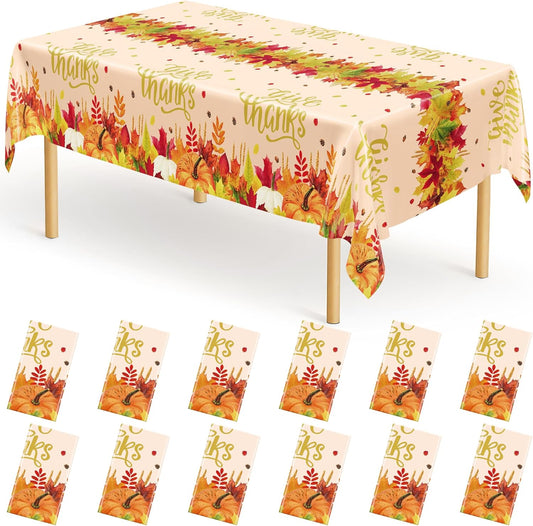QZYL 12 Pack Thanksgiving Plastic Tablecloths, 54" x 108" Friendsgiving Tablecloth, Maple Leaves Pumpkin Rectangle Table Cloth Disposable Tablecover, Thanksgiving Party Supplies Fall Table Decor