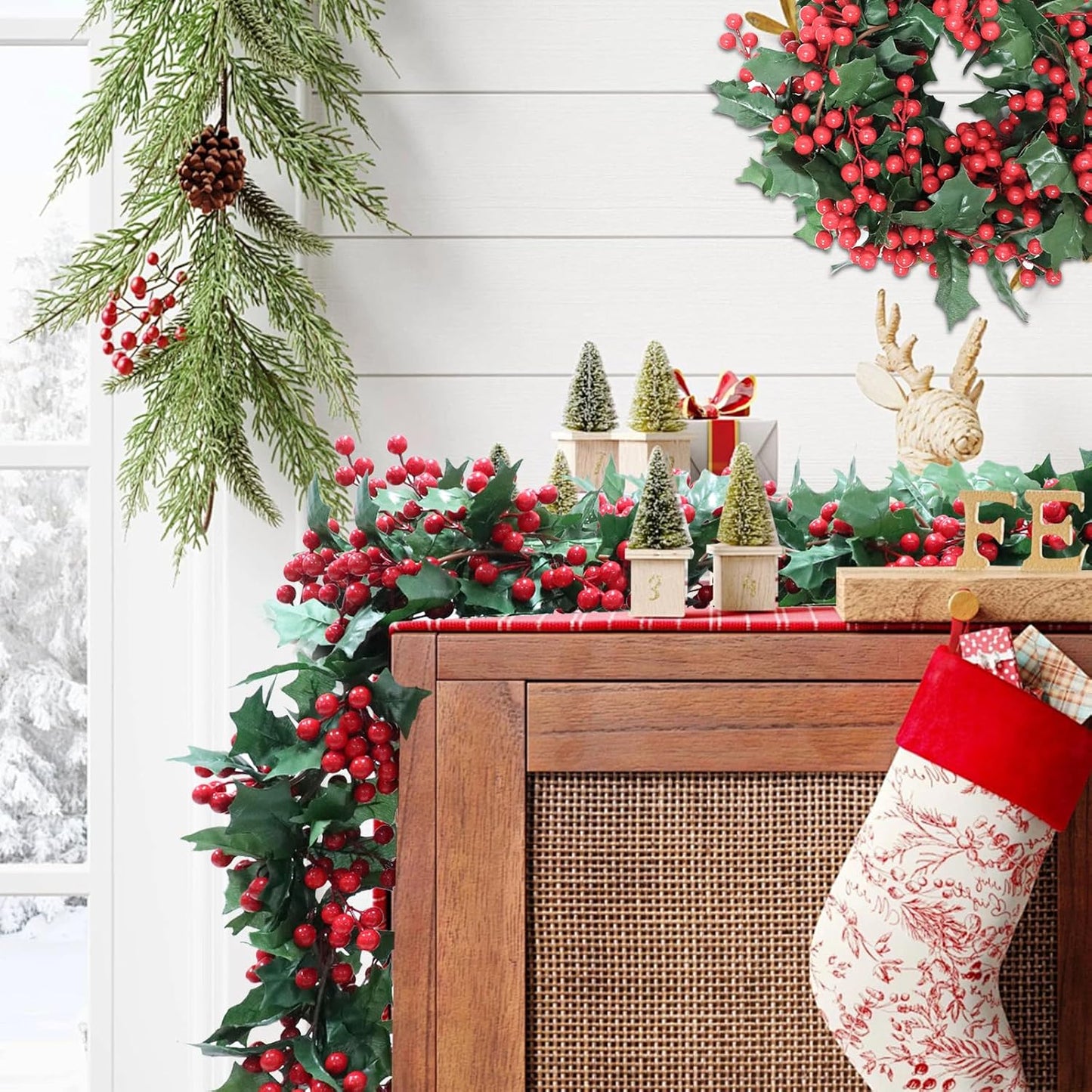 Uguisu 5.6ft Red Artificial Christmas Garland,Eucalyptus Green Garland with Berry Flower Clusters,Artificial Vines for Backdrops, Fireplaces,Dining Tables,Christmas Parties,Indoor and Outdoor Decor.