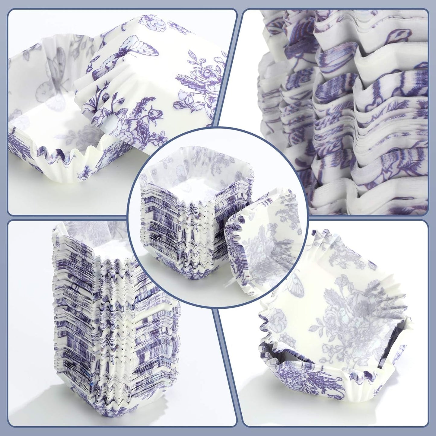 Tanlade 350 Pcs Square Mini Cupcake Liners Disposable Brownie Baking Pan Liners 1.77 Inch Paper Baking Cup for Cup and Cupcakes Party Supplies for Weddings Birthdays Bridal Showers(Blue Flower)