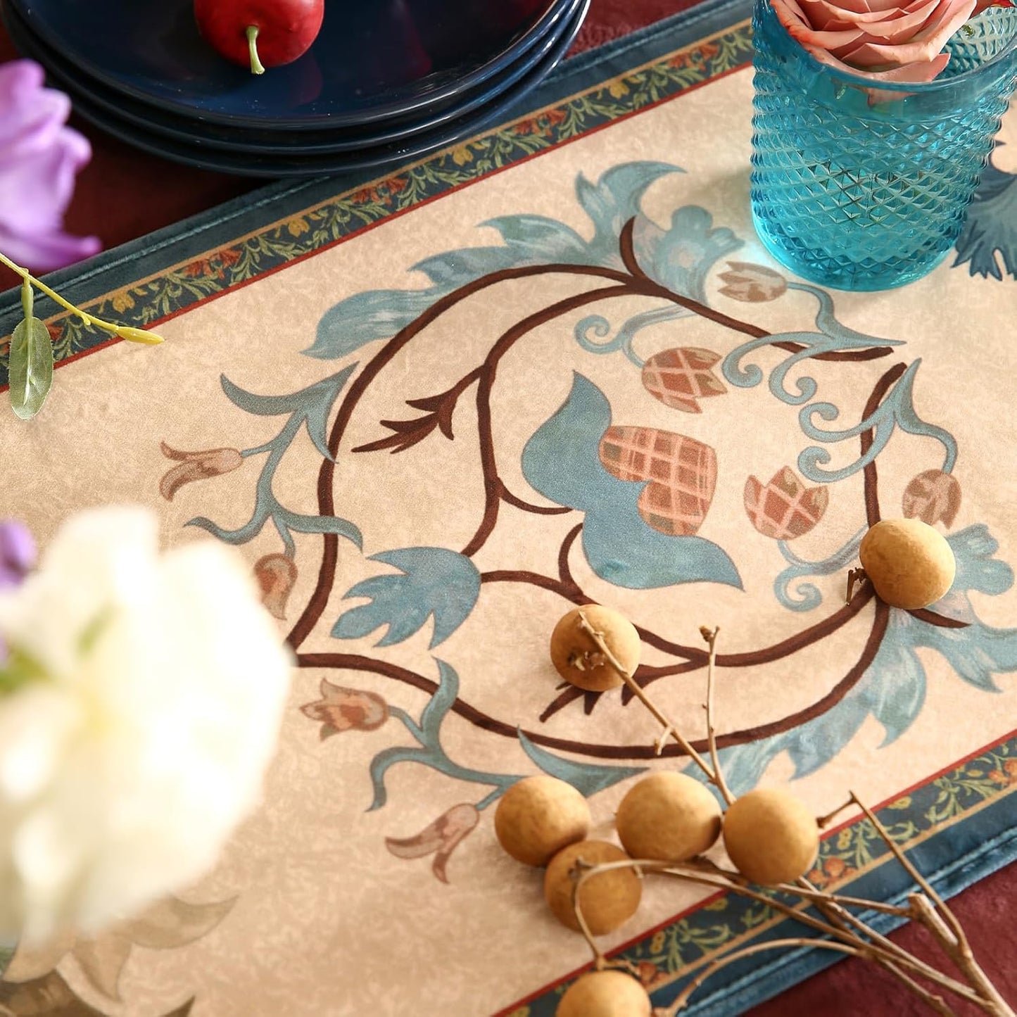 patdrea Designer Casual Wild Floral Velvet Table Runner 118 Inch Long, Brown Occult Bouquets Pattern Table Mat, Decoration for Kitchen Dining Coffee Table Cabinet Banquet Thanksgiving,12"*118"