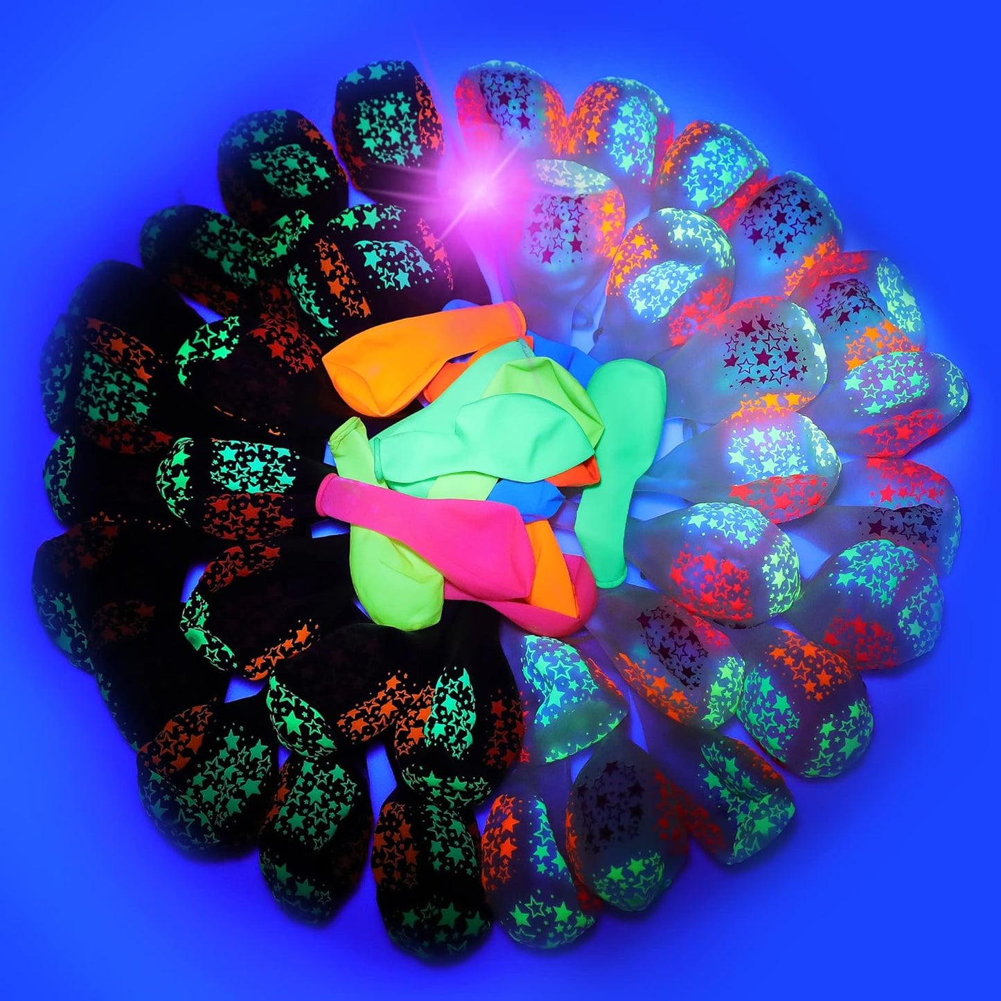90 Pcs UV Neon Balloons ,Neon Stars Glow Party Black Light in the dark for Birthday Decorations Wedding Supplies Blacklight Carnival Reactive Fluorescent