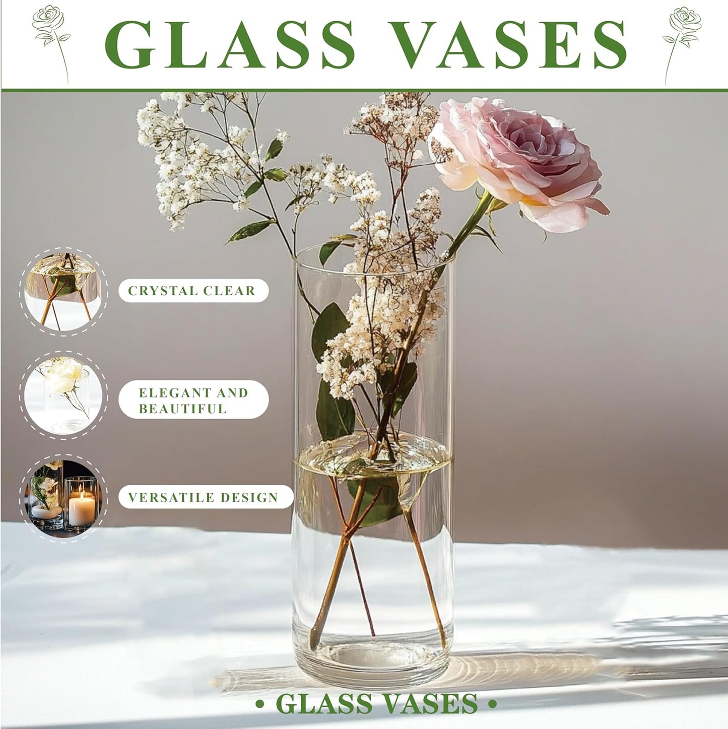 30pcs Glass Vase for Centerpieces, 4,6,7.5,8,10 inch Tall Clear Cylinder Flower Vase Bulk Floating Candle Holder for Wedding Table Home Décor and Party