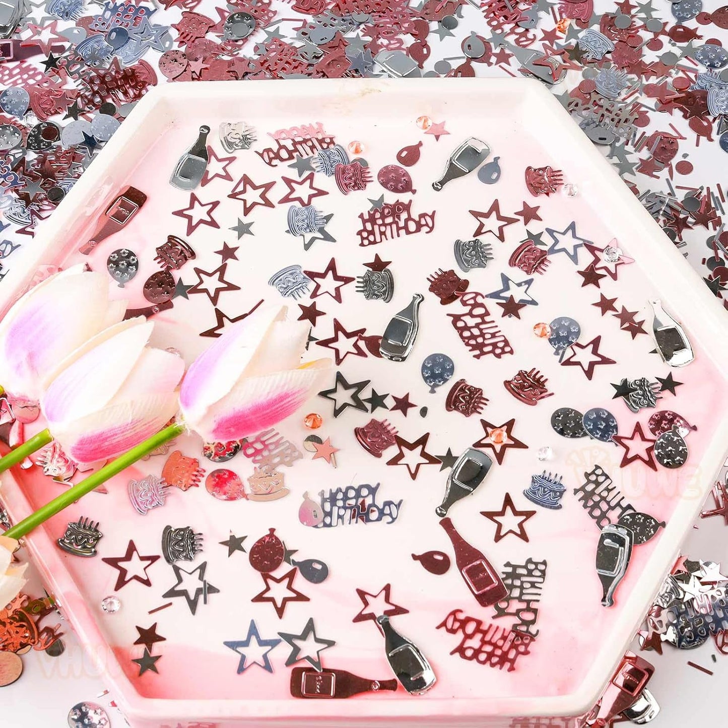 VHUWE Happy Birthday Confetti, 1.6 oz Rose Gold Silver Cake Balloon Star Goblet Bottle Glitter Confetti for Happy Birthday Party Decorations Boys Girls Kids Women Men Birthday Table Decorations