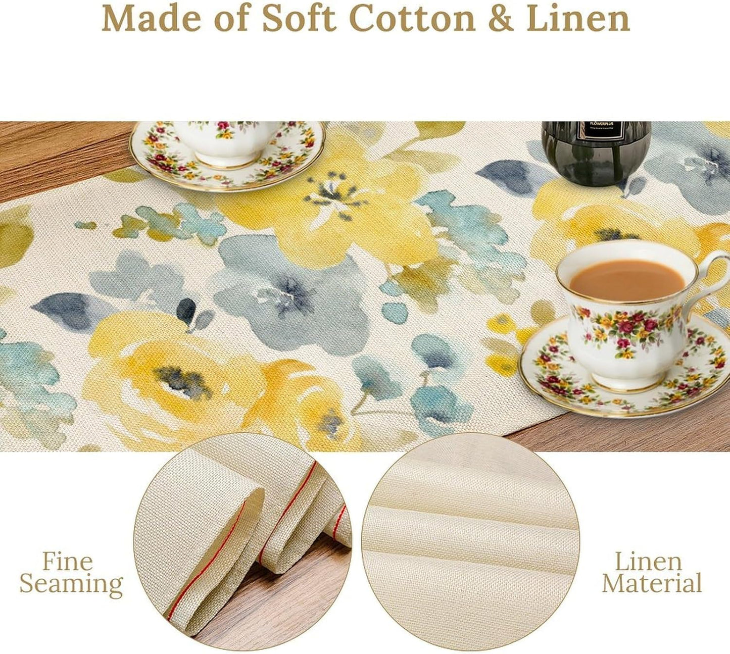 Watercolor Floral Table Runner, Seasonal Summer Yellow Flower Print Kitchen Dinning Table Runner for Indoor Outdoor Home Wedding Party Holiday, 13x36 Inch