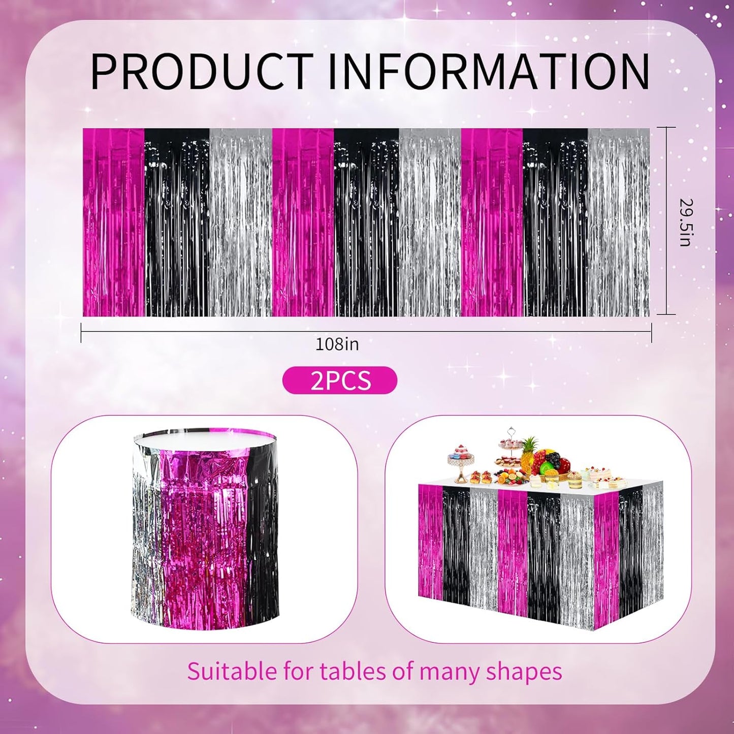 BEISHIDA 2 Pack Hot Pink Black Silver Table Skirts Party Decorations Metallic Tinsel Foil Fringe Table Skirts for Hot Girls Mouse Theme Birthday Holiday Party