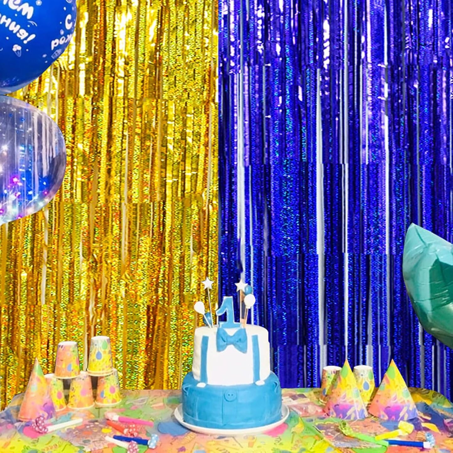 BEISHIDA 4 Pcs Blue and Gold Party Streamers Fringe Foil Curtain Backdrop Tinsel Background Party Decoration for Door Wall Graduation Birthday Wedding Anniversary Party Decoration(3.28 Ft x 8.2 Ft)