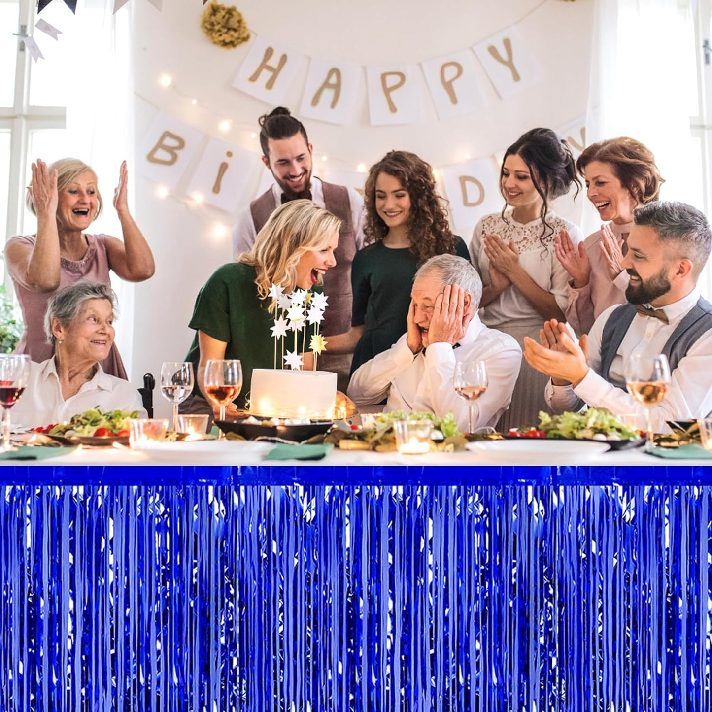 3 Pack 29 x108 Inch Blue Foil Fringe Table Skirts Metallic Banner for Tinsel Streamer Garland Backdrop for Parade Floats Wedding Thanksgiving Birthday Christmas Halloween New Year Party Decoration