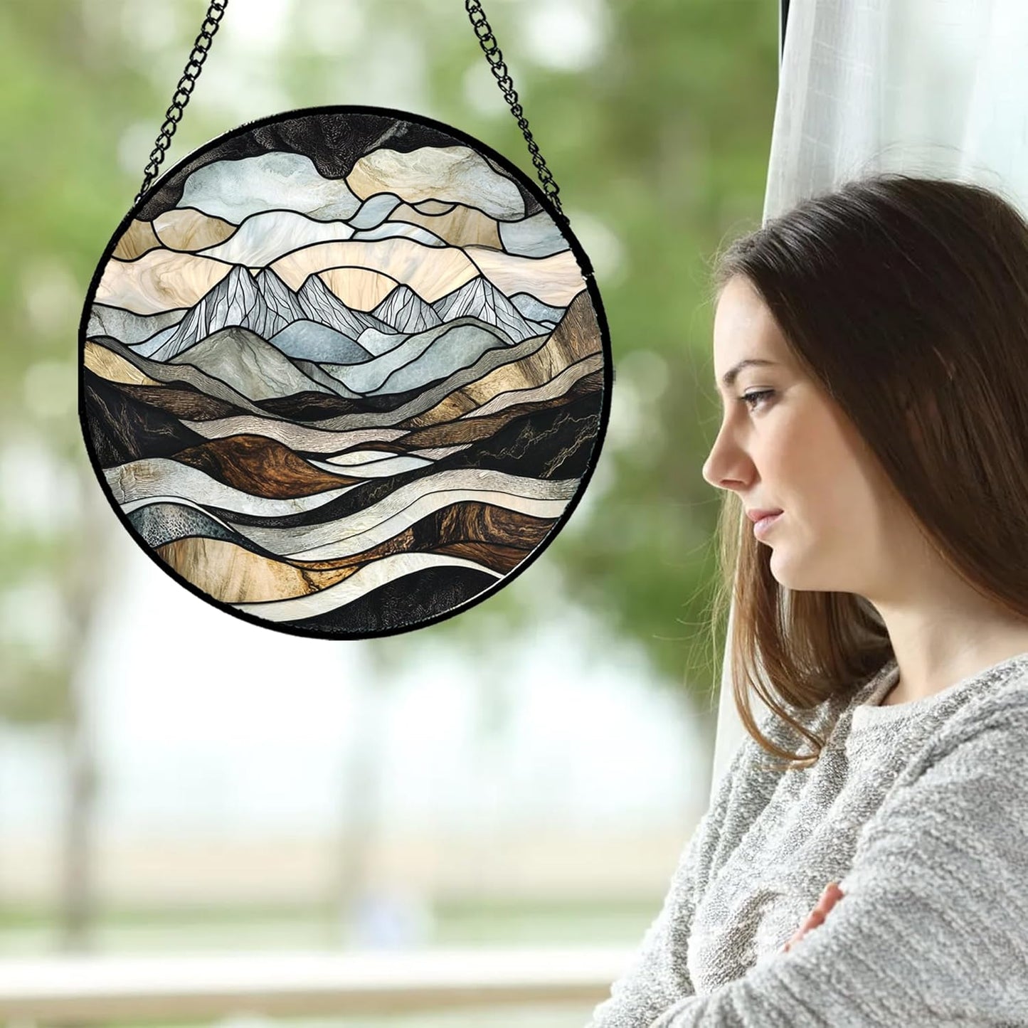 Stained Glass Window Hanging - Grey Mountains Landscape Suncatcher for Doors Garden Patio Retro Sun Catchers Decor Christmas Mother's Day Birthday Gifts for Women Men Mom Nana Friend 9.8 in