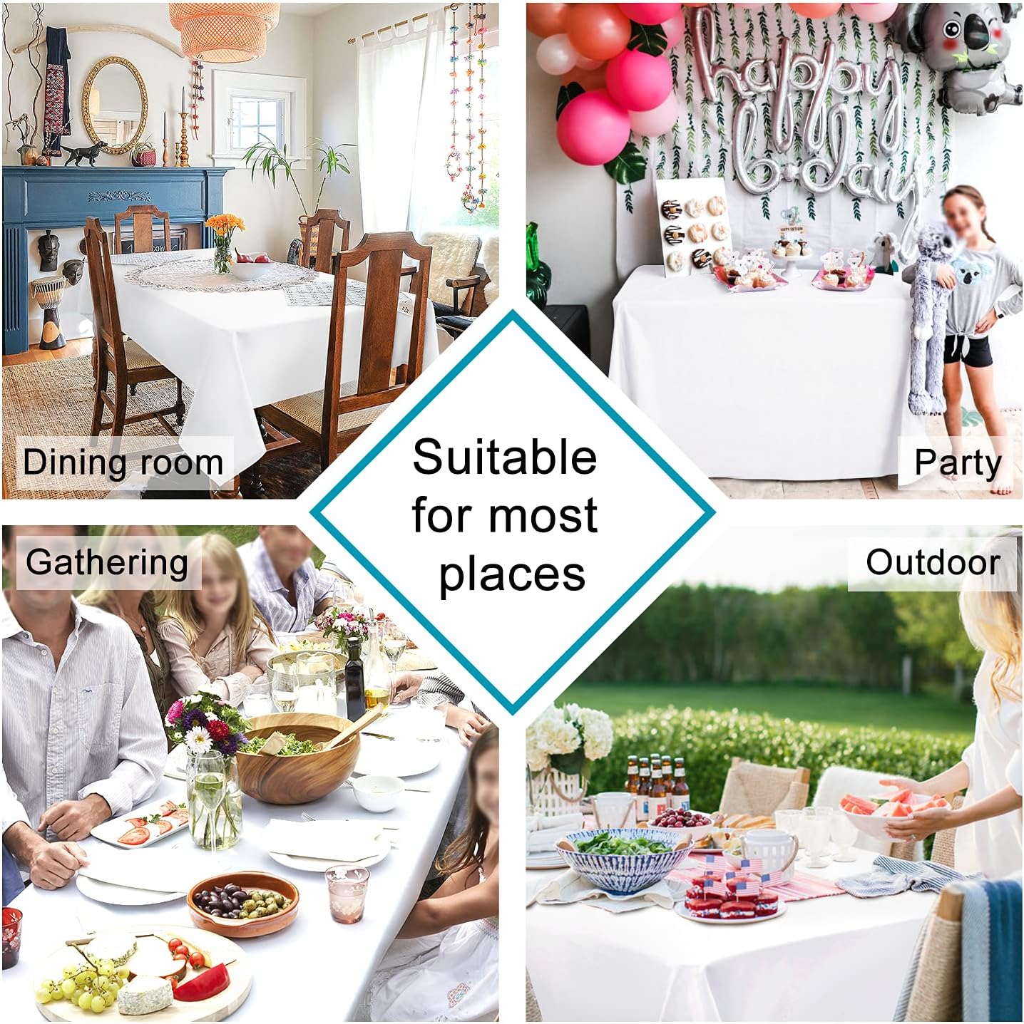 Hiasan White Rectangle Tablecloth - Waterproof Washable Polyester Fabric Table Cloth for Party, Wedding, Banquet and Restaurant, 90 x 132 Inch