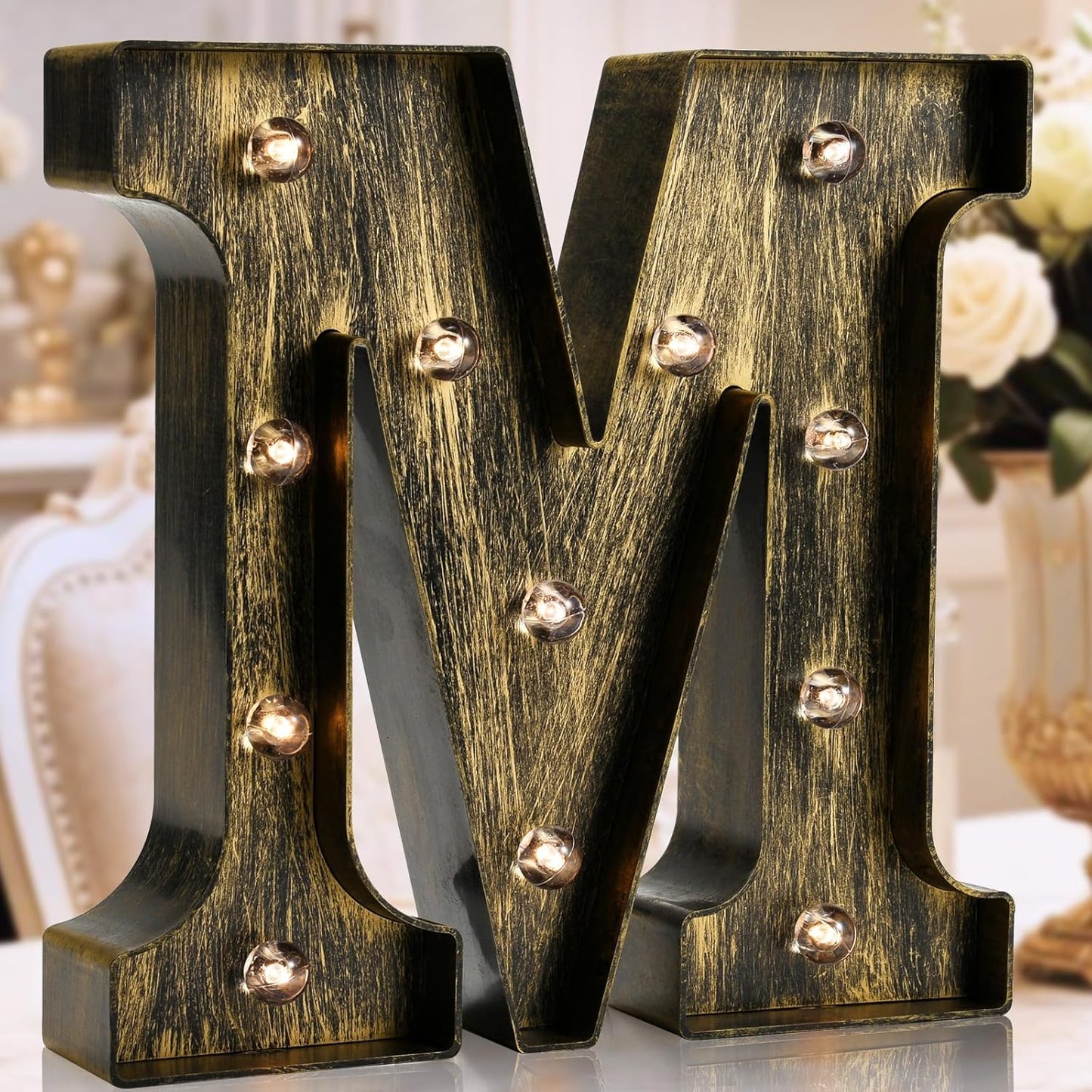 OYCBUZO Golden Black Led Marquee Letter - Industrial, Vintage Style Light Up Alphabet Letter Sign for Cafe Wedding Birthday Party Christmas Lamp Home Bar Initials Decor - M