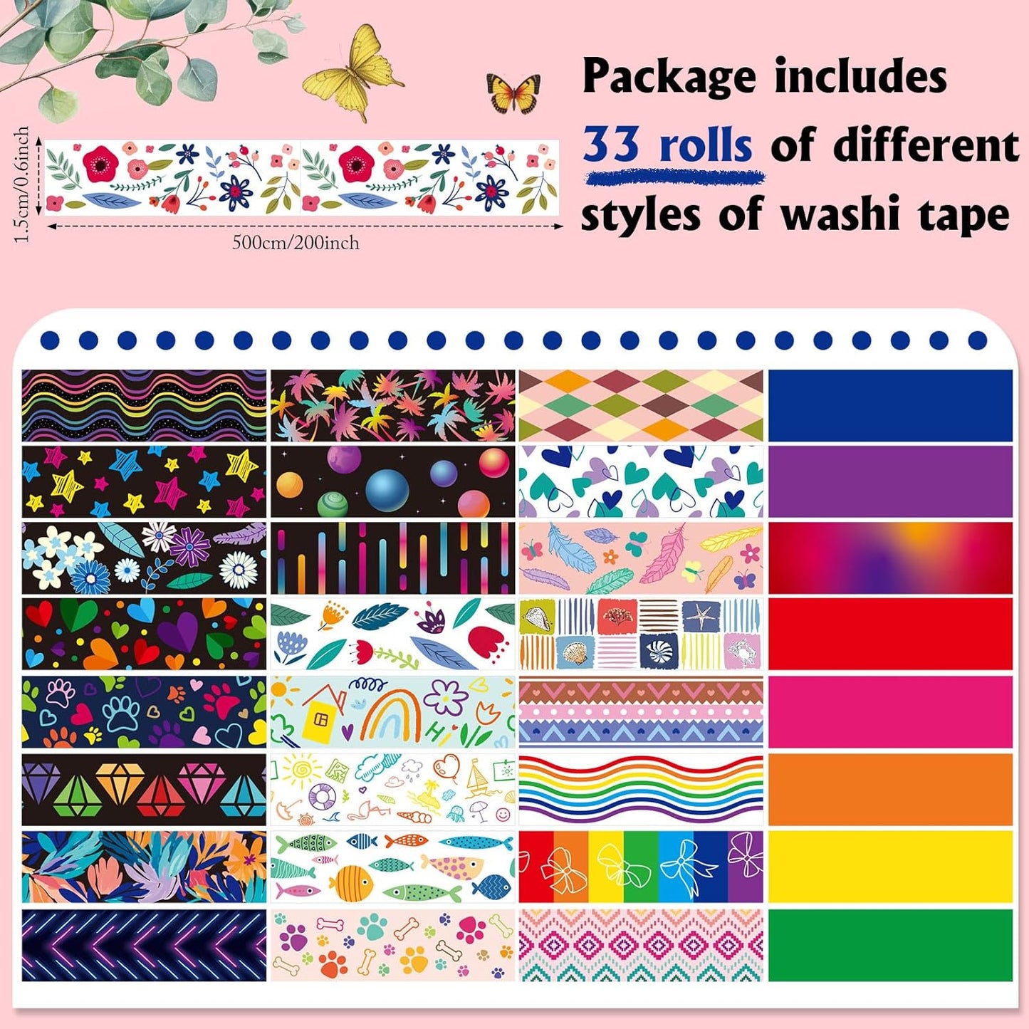 TaoBary 33 Rolls Holiday Plaid Washi Tape, 15 mm Seasonal Washi Tape Set Bohemian Colorful Vintage Cute for Card Wrapping Craft(Cool Style)