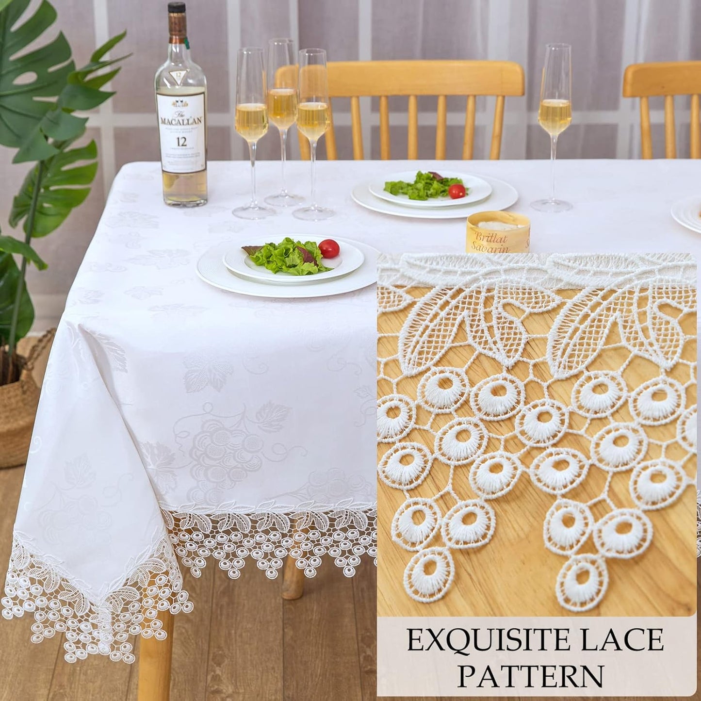 White lace Premium Rectangle Farmhouse Tablecloth Waterproof OilProof SpillProof AntiShrink Soft Wrinkle Resistant Decorative Fabric Table Cover Kitchen Dinning Party Wedding Banquet