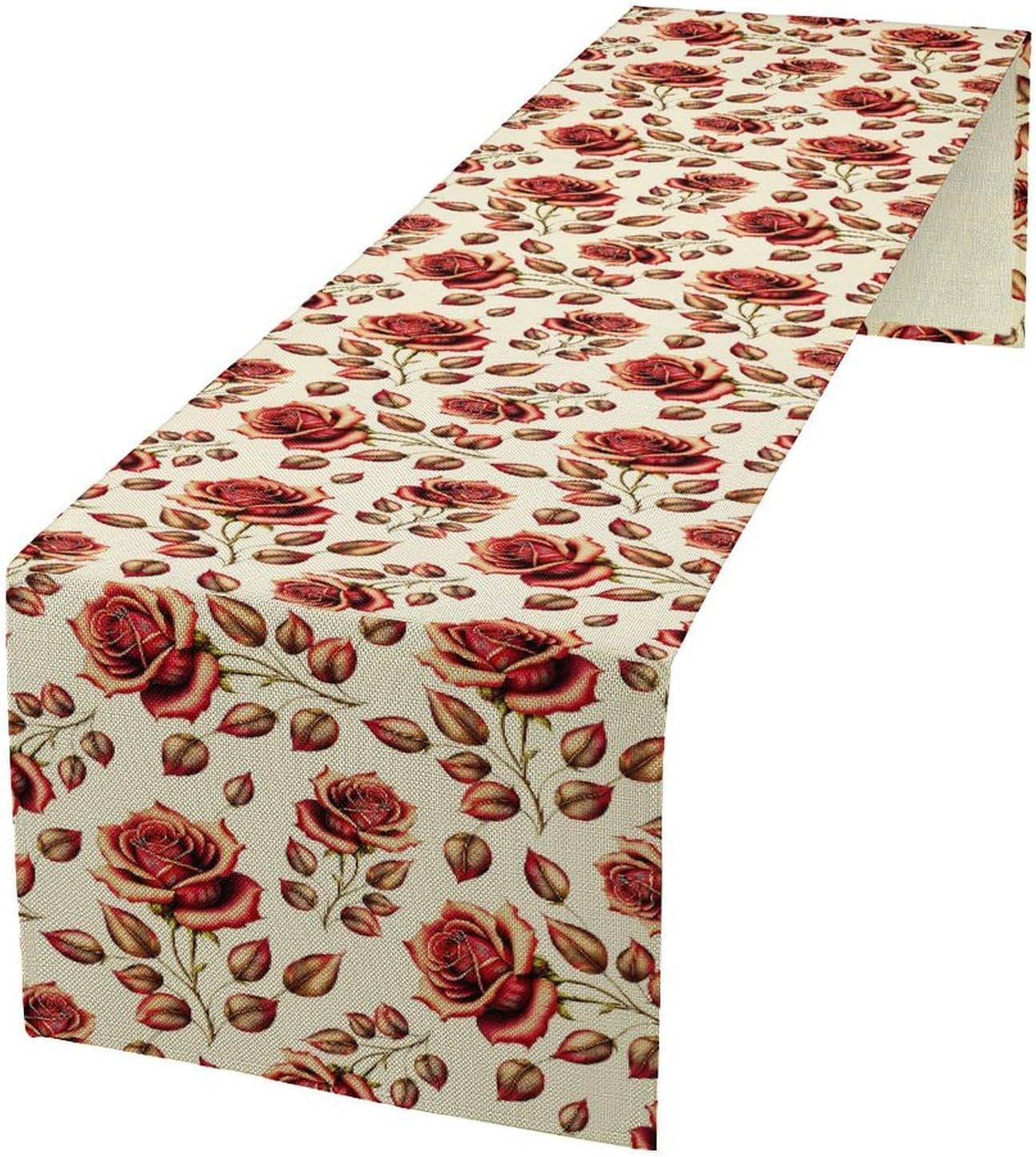 Retro Rose Table Runner, Romantic Love Elegant Plant Red Golden Flower Print Table Runner for Kitchen Dinning Table Runner Decor Home Wedding Party Holiday, 13x120 Inch