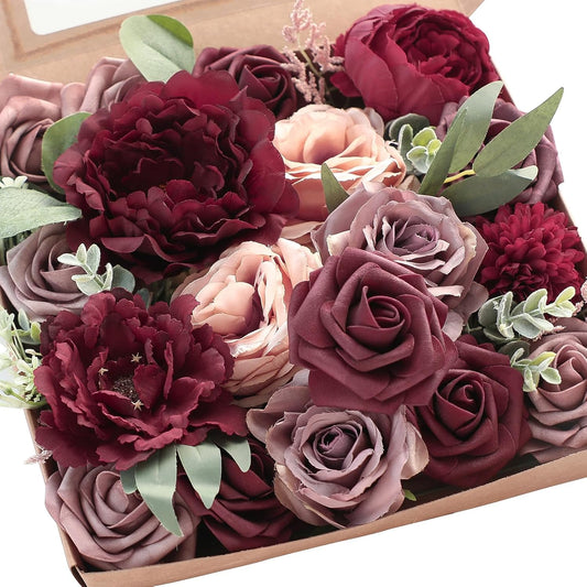 Floroom Burgundy Mauve Artificial Flowers Marsala Fake Roses Peonies and Greenery Combo Box Set for DIY Dark Red Wedding Bouquets Bridal Shower Centerpieces Floral Arrangements Party Tables Decoration