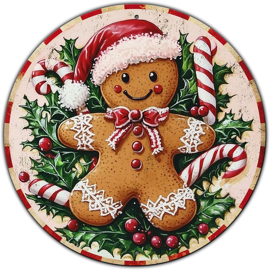 Round Christmas Metal Tin Sign Rustic Wall Decor Gingerbread Man Vintage Tin Sign Candy Canes Christmas Tin Sign for Home Garden Kitchen Bar Cafe Restaurant Garage Wall Decor 12 * 12 in