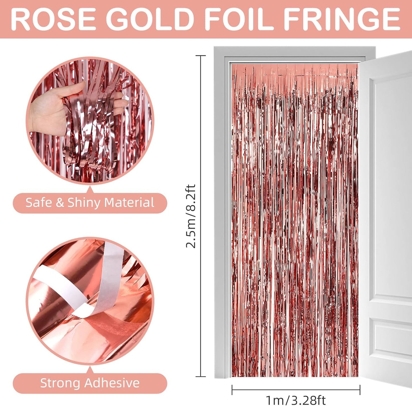Rose Gold Fringe Curtain Party Streamers, 12 Pack 3.3ft x 8.2 ft Foil Curtain Backdrop Tinsel Foil Fringe Curtains Photo Booth Backdrop Streamer for Birthday, Wedding, Baby Shower, Disco Party