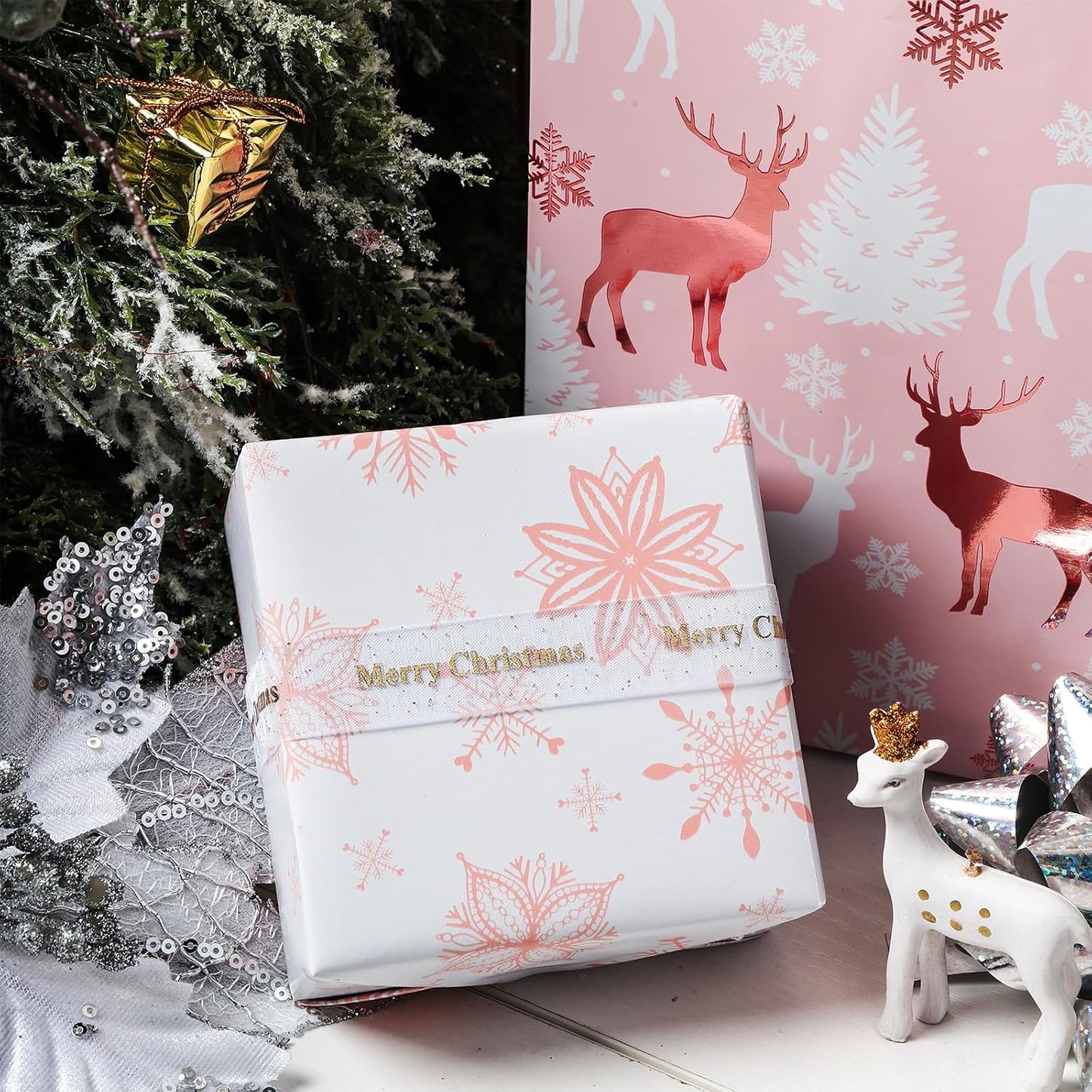 LeZakaa Christmas Pink Wrapping Paper Jumbo Roll, Reindeer & Snowflake, Metallic Foil, Rose Gold Foil Reversible Design for Festive Winter Holiday, Family Gathering, 30 inches x 32.8 Feet