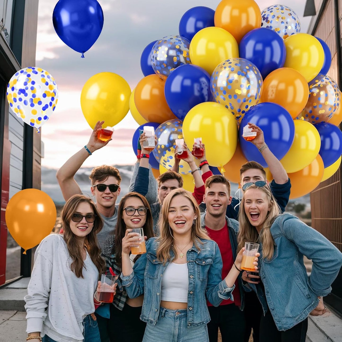 52 PCS 12 Inch Retro Blue and Yellow Matte Balloons with Confetti for Birthday Party Decorations