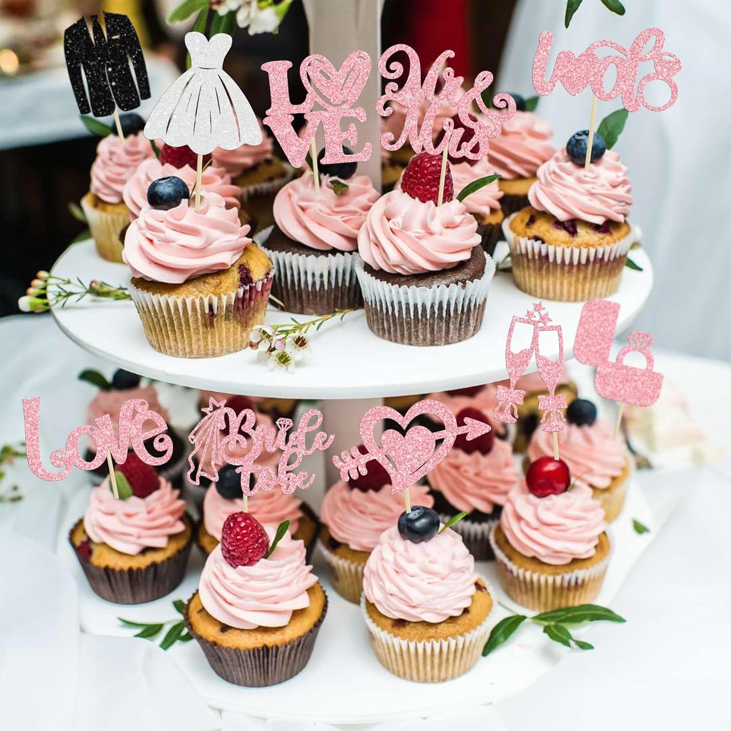 Ephlyn 30Pcs Bride to be Cupcake Toppers Glitter Wedding Cake Topper Decorations I Do Love Heart Ring Cupcake Picks for Bridal Shower Wedding Engagement Party Supplies Pink