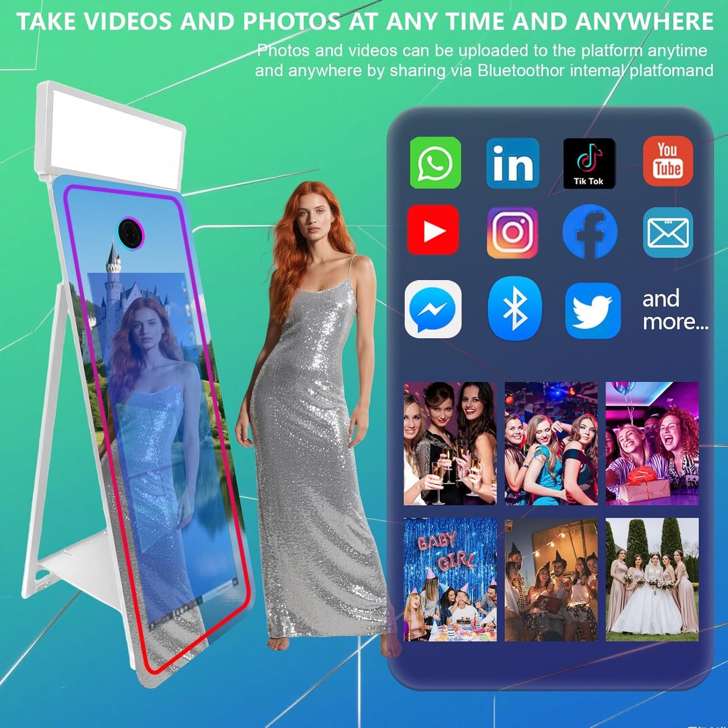 65''Magic Mirror Photo Booth Machine,Mirror Photo Booth 43''Touch Screen,Photo Booth with Flight Case,App Control,RGB Light for Wedding Party Events (White, Machine+Mini Printer)