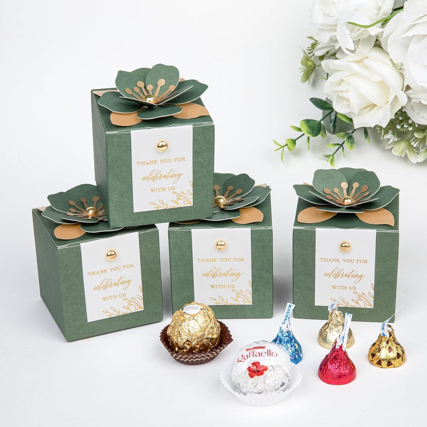 FEIYI 20 PCS Favor Boxes, 3 In 1 Olive Green Candy Boxes with Floral Decor, White Thank You Tags Gold Foil Print Gift wrapping for Wedding, Baby Shower, Birthday, Decorations Party - 2.55x2.55x2.55