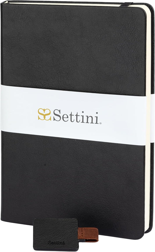 SETTINI Journal Notebook for Writing, Vegan Leather Hardcover Notebook - Pen loop, Back Pockets & Lay-Flat design, 120 GSM A5 College ruled Bleed free Paper, Gift Set for Men and Women, Onyx Black - Birthday Gift