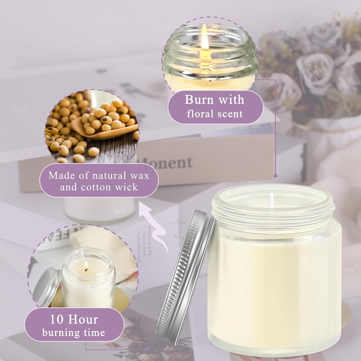 ACITHGL 36 Pcs 4oz Mini Mason Jar Candles Small Scented Candles Bulk Aromatherapy Ideal Souvenir Favors for Wedding Birthday Party (Freesia, Lavender, Jasmine, Silver)