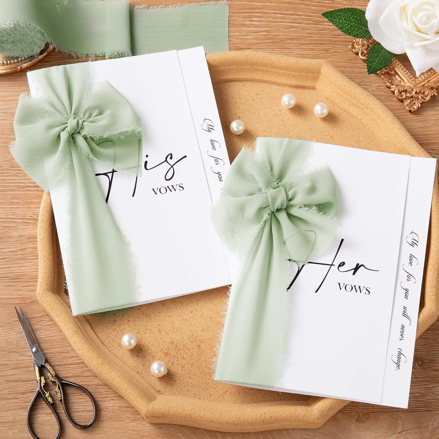 DORIS HOME 2" x21Yd Chiffon Ribbon for Flower Bouquet, Green & Cream Fabric Ribbon for Gift Wrapping, Handmade Frayed Ribbon for Wedding/Christmas Decorations