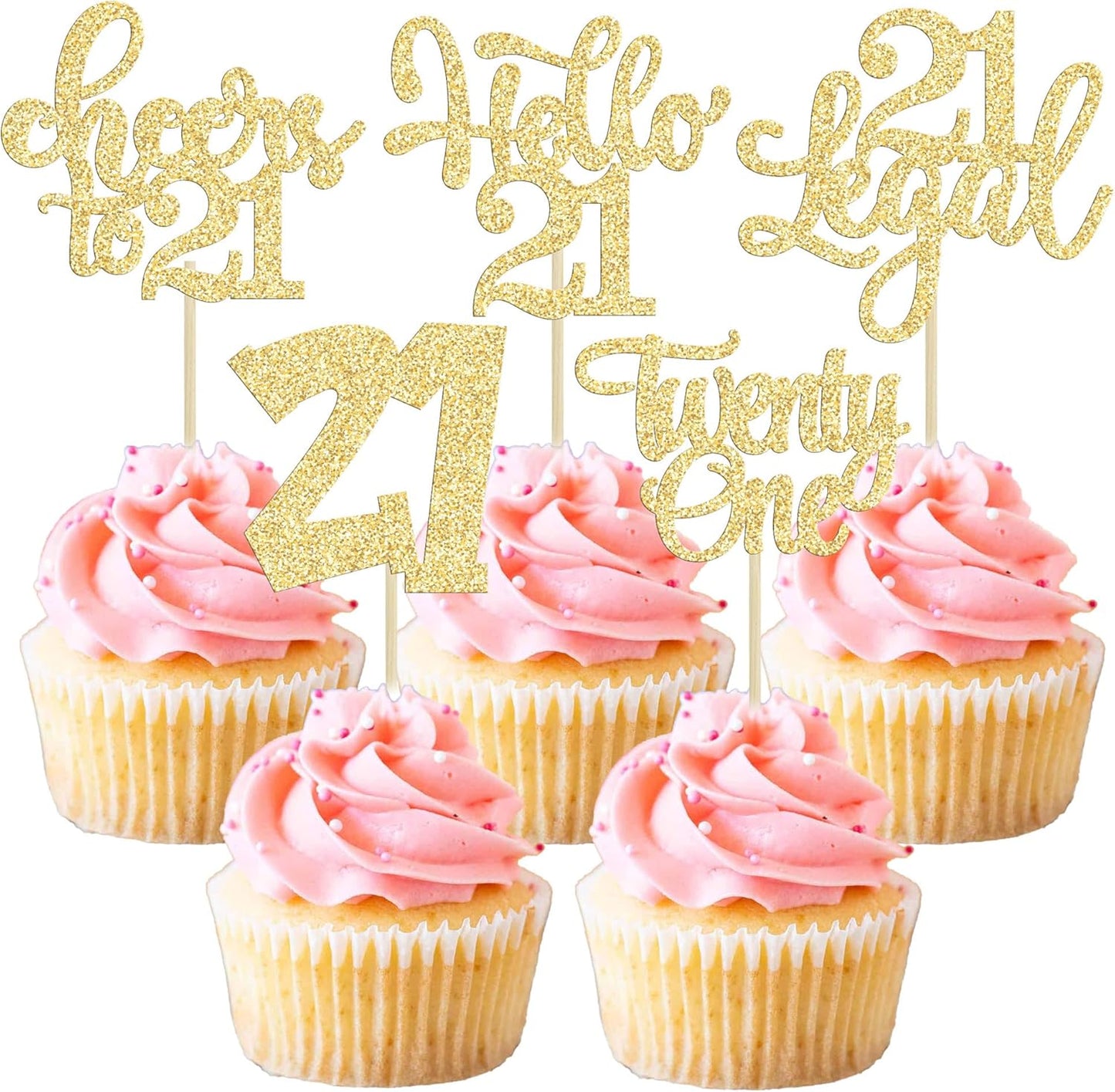 30Pcs 21st Birthday Cupcake Toppers: 21 Legal Cupcake Picks, Cheers to 21 Years Old Cake Decorations for 21st Birthday Anniversary Party Supplies - Gold Glitter