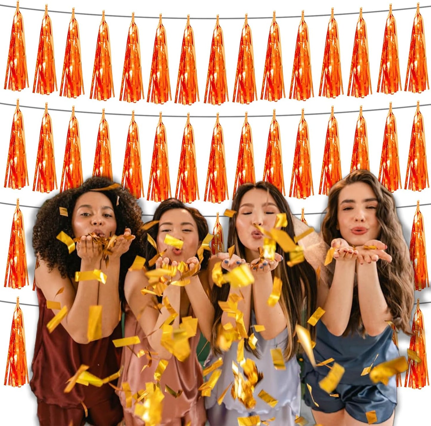 4P Orange Foil Fringe Tassel Banner Garland Metallic Tinsel Streamers Wall Hanging Curtain Backdrop Banner for Parade Floats, Graduation Decorations, Father's Day, Fall, Thanksgiving Party Decoration
