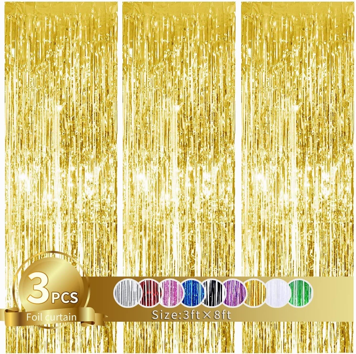 3Pcs Gold Metallic Tinsel Foil Fringe Curtains,3.2ft*8ft Gold Photo Booth Backdrop Streamer,Photo Booth Props,for Party Door Wall Curtains Bachelorette Birthday, Christmas,New Year Decorations