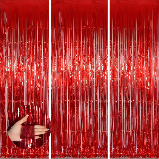 Keyali 3 Pack 3.3 * 8.3 ft Foil Curtain Metallic Tinsel Fringe Curtains Photo Booth Props Backdrop for Birthday Wedding Engagement Baby Shower Christmas Holiday Celebration Partyl,Red