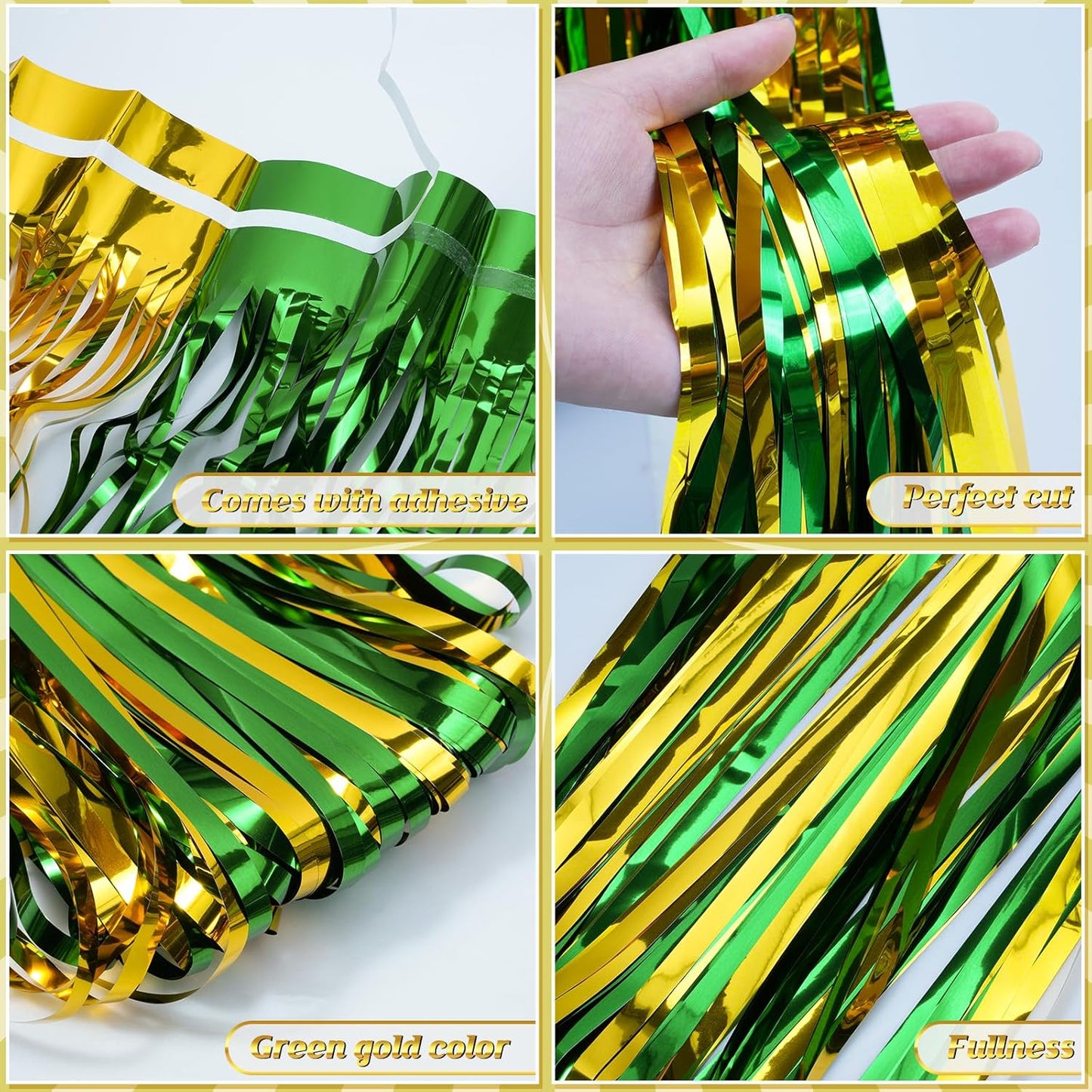 3Pack 3.3Ft x 6.6Ft Graduation Foil Fringe Curtain Backdrop Decorations, Green Gold Metallic Tinsel Foil Streamers Curtain Photo Booth Background for Graduation Prom Wedding Birthday Party Decoration