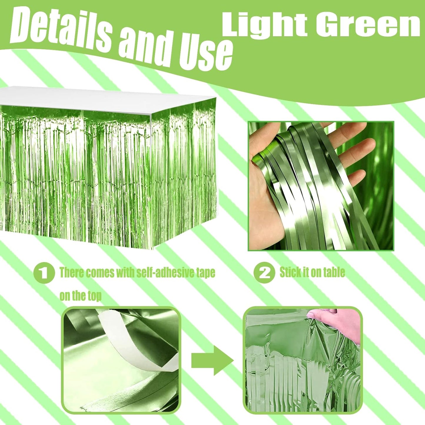 4 Pack 29x108 Inch Metallic Foil Fringe Tinsel Table Skirts for Rectangle Tables Streamer Backdrop for Wedding, Birthday, Parade Floats, Christmas, Halloween Party Decoration(Light Green)