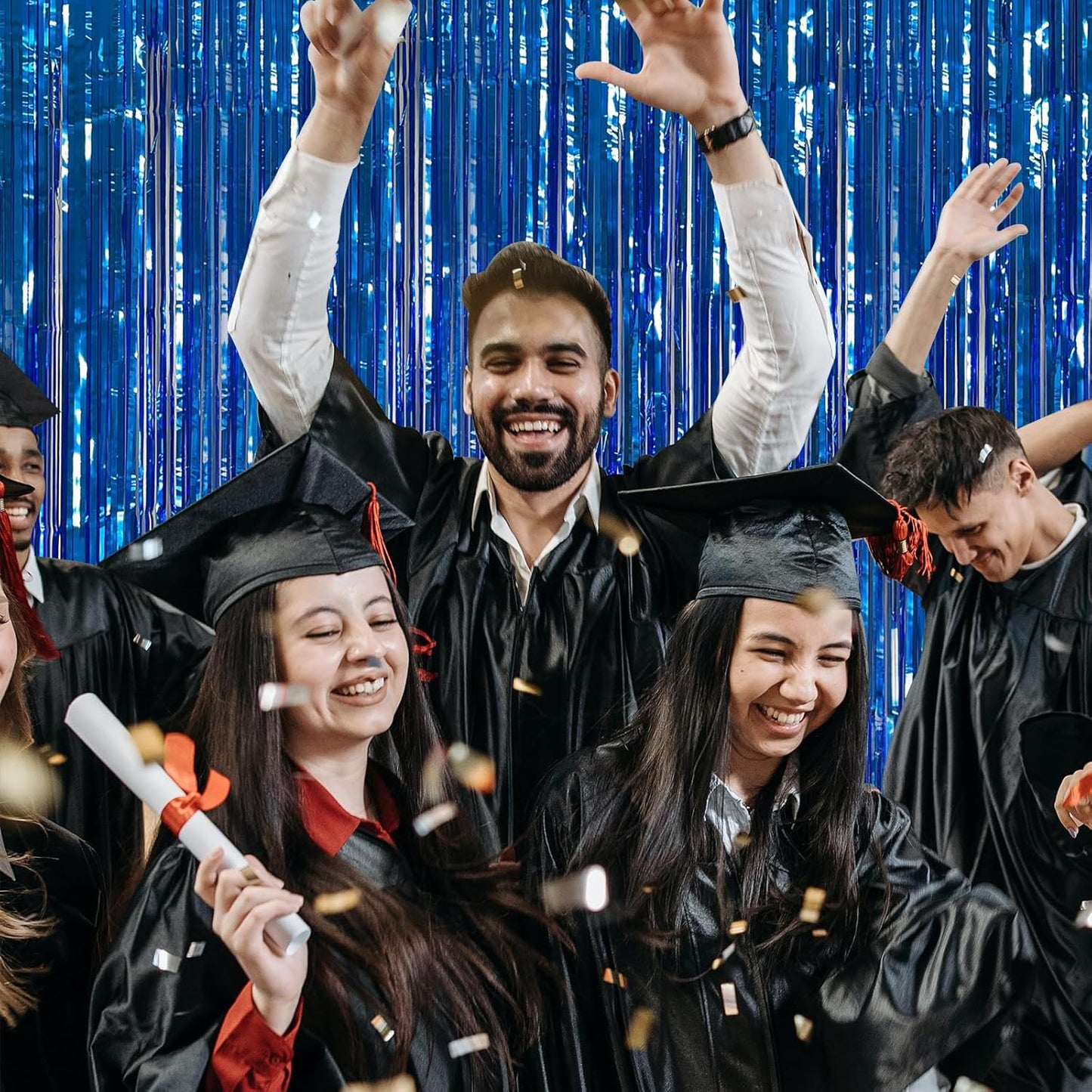 5 Pack Foil Curtain Backdrop Blue Metallic Tinsel Foil Fringe Curtains Photo Booth Props for Birthday Wedding Engagement Baby Shower Bachelorette Christmas Holiday Celebration Party Decorations