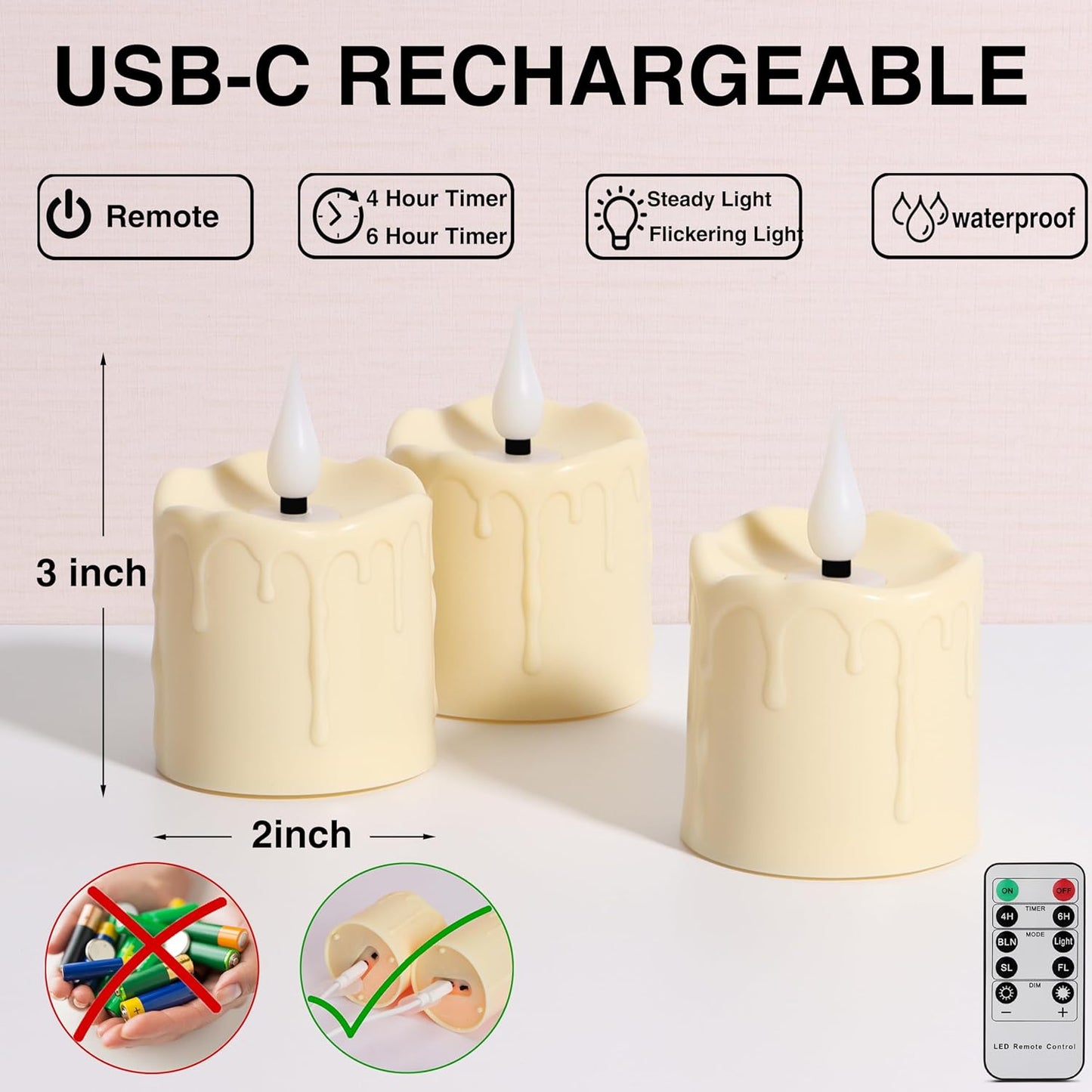 FREEPOWER Rechargeable Flameless LED Votive Candles with Timer Remote - 2'' x 3'' Waterproof Flickering Tealights Candle - Battery Operated Pillar Candles for Wedding, Party and Holiday Decor - 6PCS