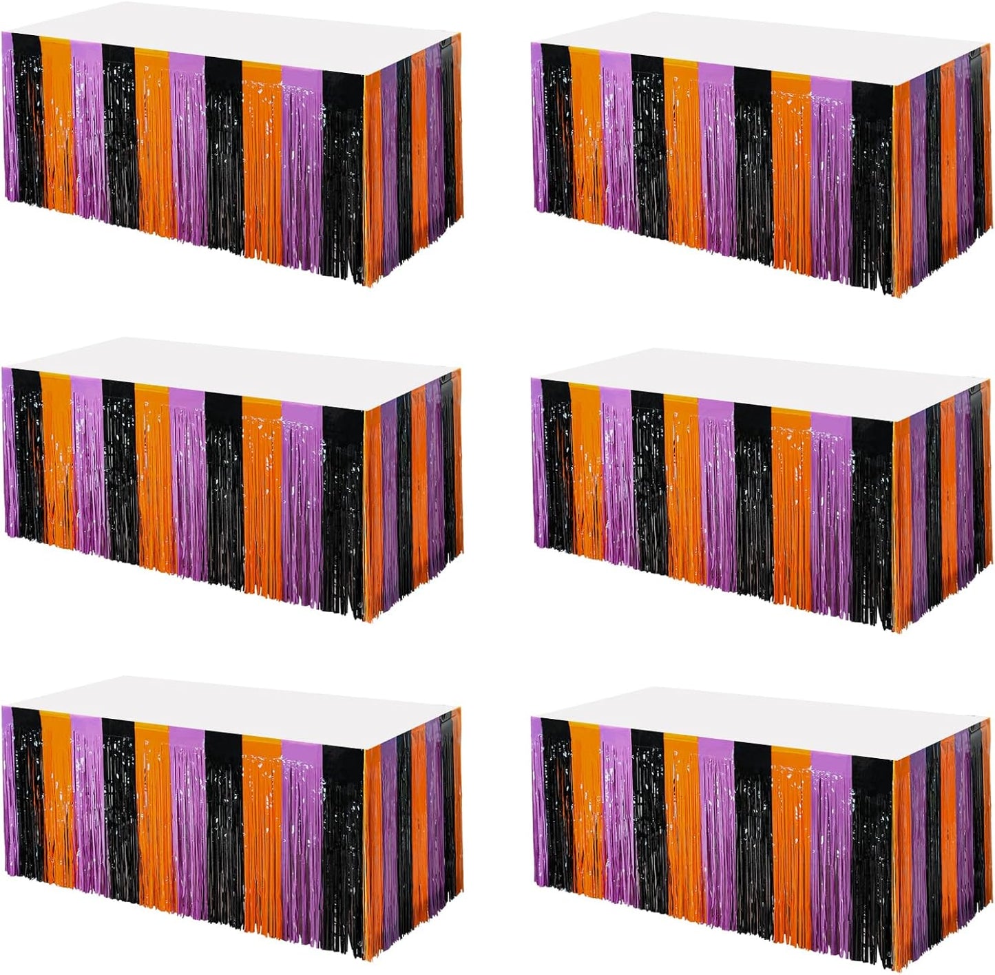 6 Pack 30x108 Inch Halloween Table Skirt Decoration, Metallic Foil Fringe Tinsel Table Skirts, Curtains Backdrop Parade Floats Birthday Halloween Christmas Party Decoration(Black Orange Purple)