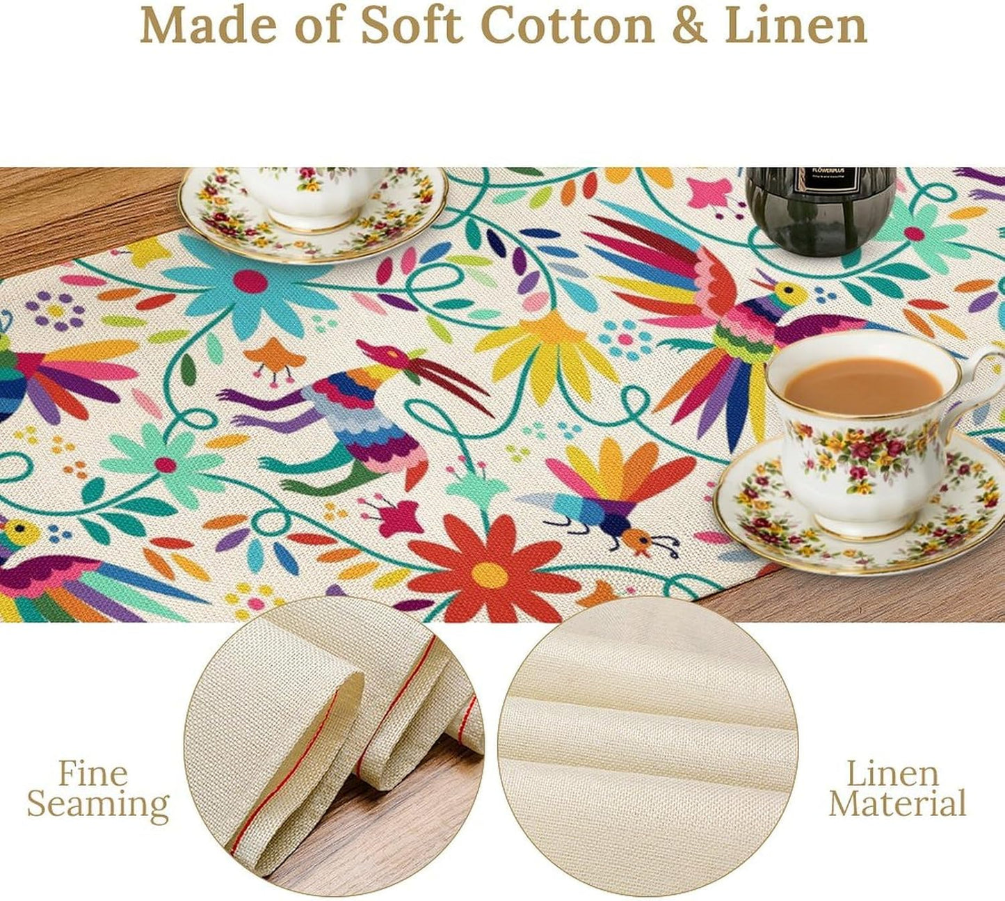 Mexican Table Runner,Boho Colorful Nature Inspired Flowers and Birds Table Cloth Kitchen Dining Table Home Party Decoration 13x90 Inch