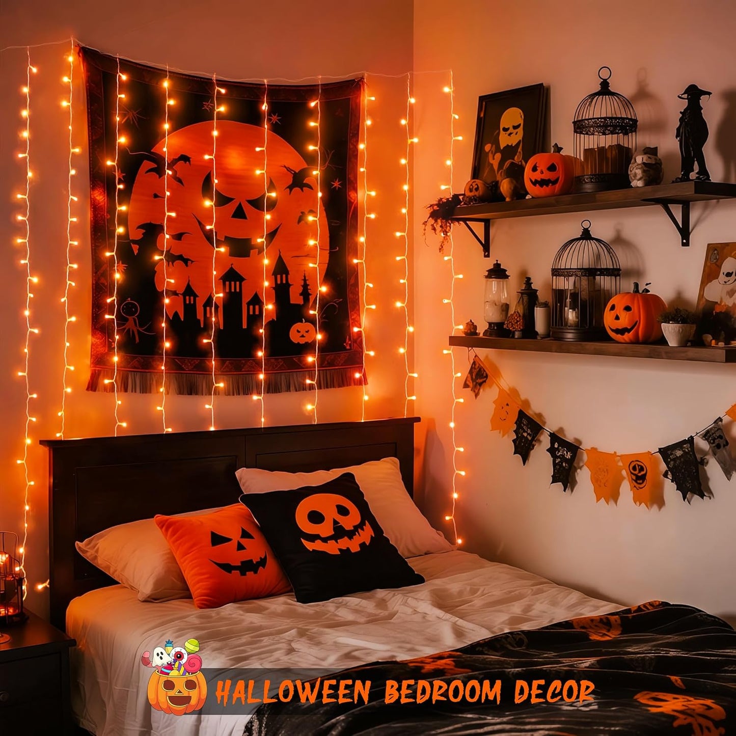 JMEXSUSS 300LED Orange Halloween Lights with Remote, 9.8x9.8ft Halloween Curtain Light, 8 Modes Orange Hanging String Lights Plug in for Fall Bedroom Thanksgiving Window Party Indoor Outdoor Decor