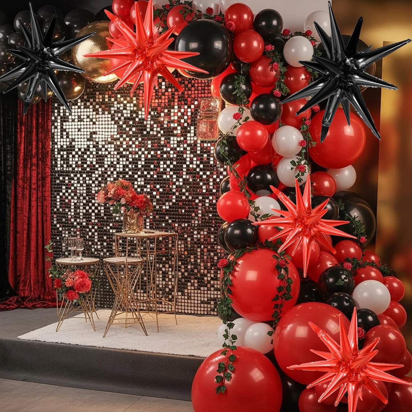 Black Red Star Balloons,9Pcs 22Inch Black Red Explosion Spike Cone Helium Polyester Film Star Foil Balloons for Birthday Halloween Anniversary Baby Shower Party Decorations