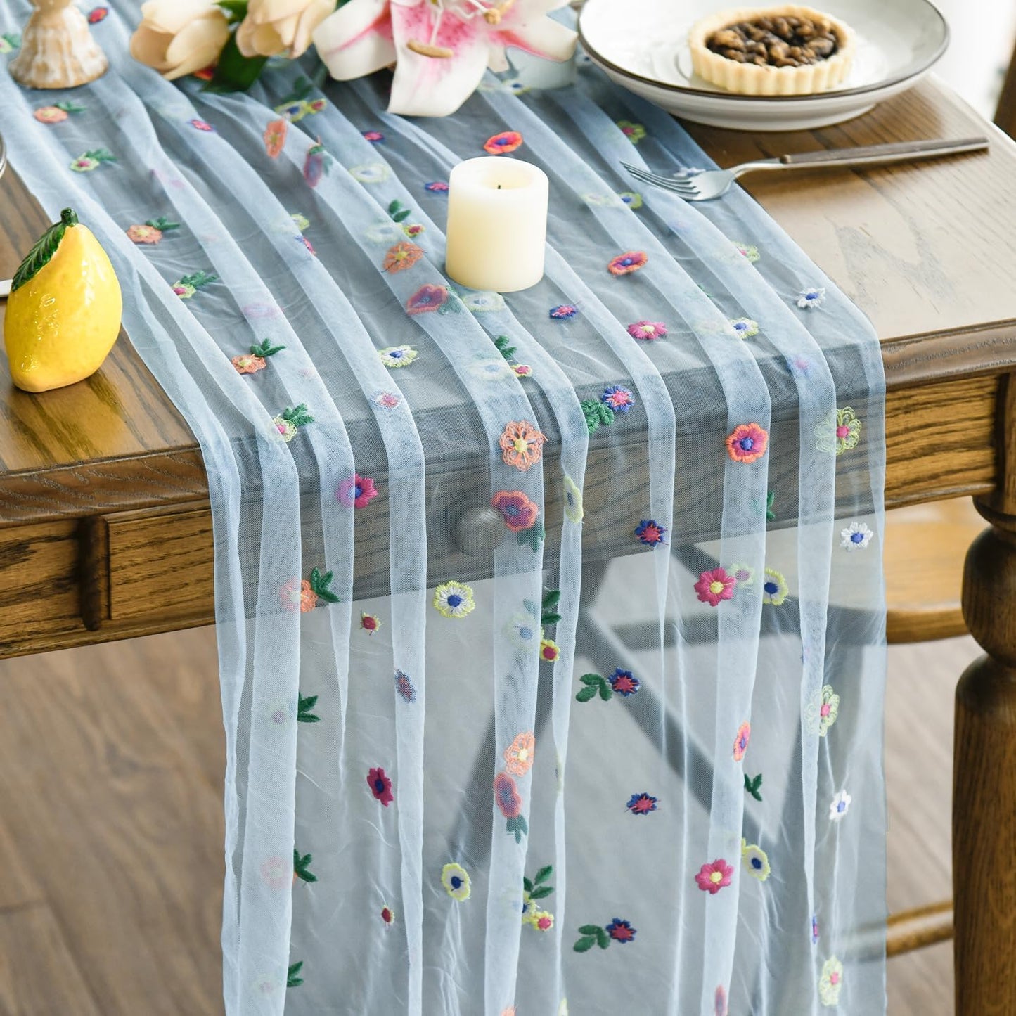 Artoid Mode Blue Embroidery Daisy Gauze Table Runner 120 Inch 10FT, Seasonal Sheer Kitchen Dining Holiday Wedding Birthday Table Decor for Home Party