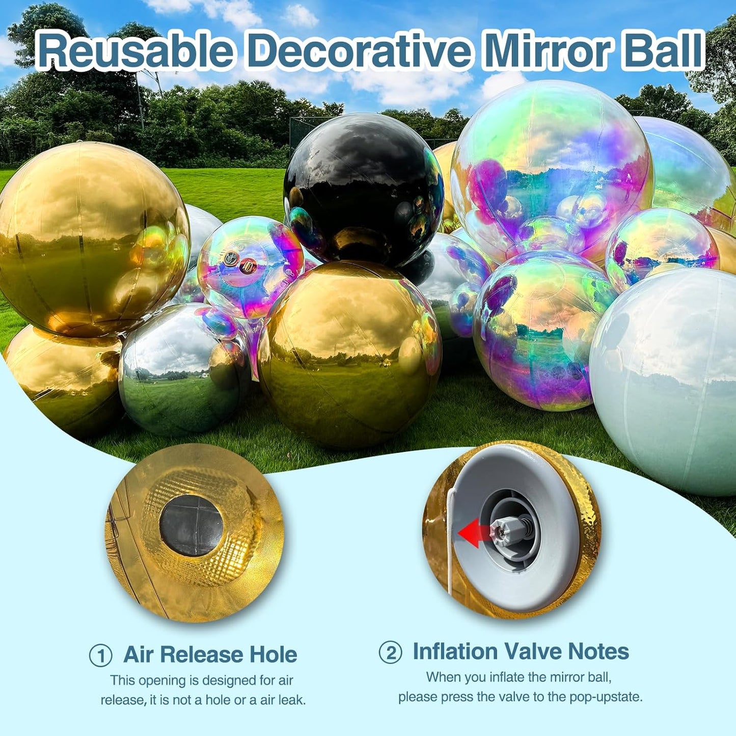 2PCS 31.5in Silver Inflatable Mirror Ball, Big Shinny Balls Reusable Large PVC Disco Ball Balloon for Large Event Decoration, Party, Concerts, Stage, Wedding Decor, Without Air Pump