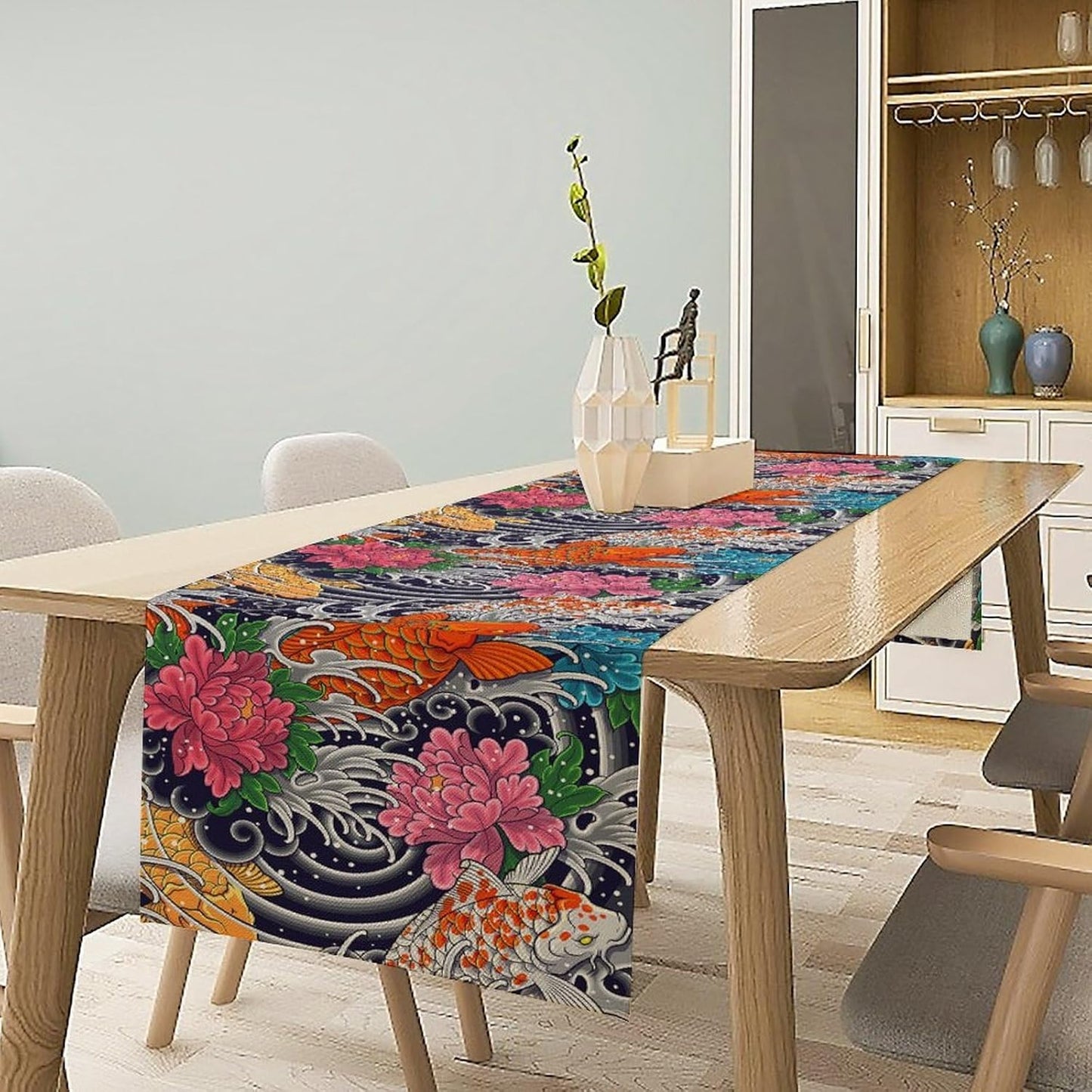 Japanese Retro Flowers Table Runner Oriental Tradition Kio Fish Art Printed Burlap Runner Home Kitchen Dining Table Living Room Decor Fabric 1 Panel W13xL108in