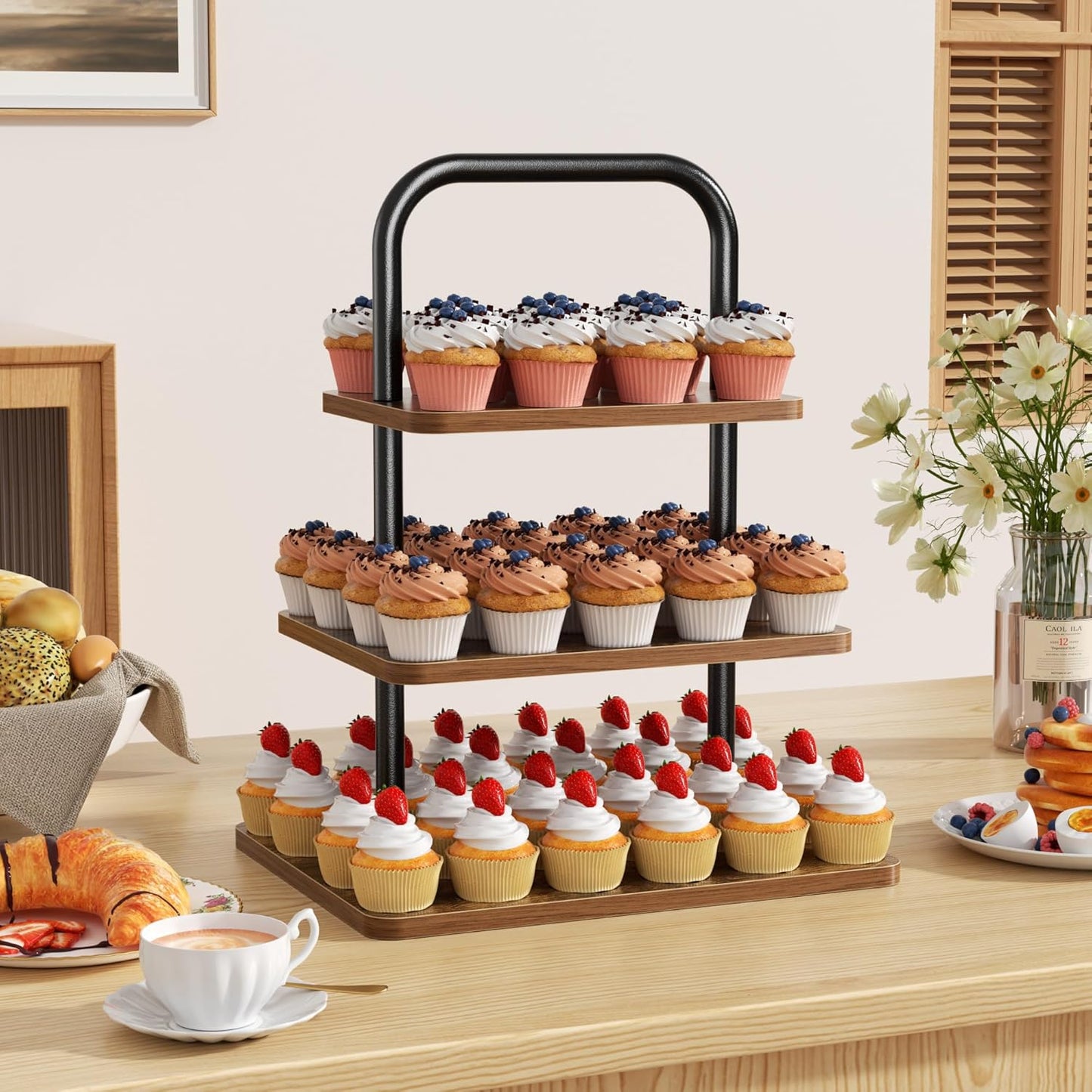 Wooden Cupcake Stand, 3 Tier Large Cupcake Tower Stand 50 Cupcakes, Dessert Tiered Tray Stand for Party, Wedding, Birthday, Halloween, Farmhouse Decor